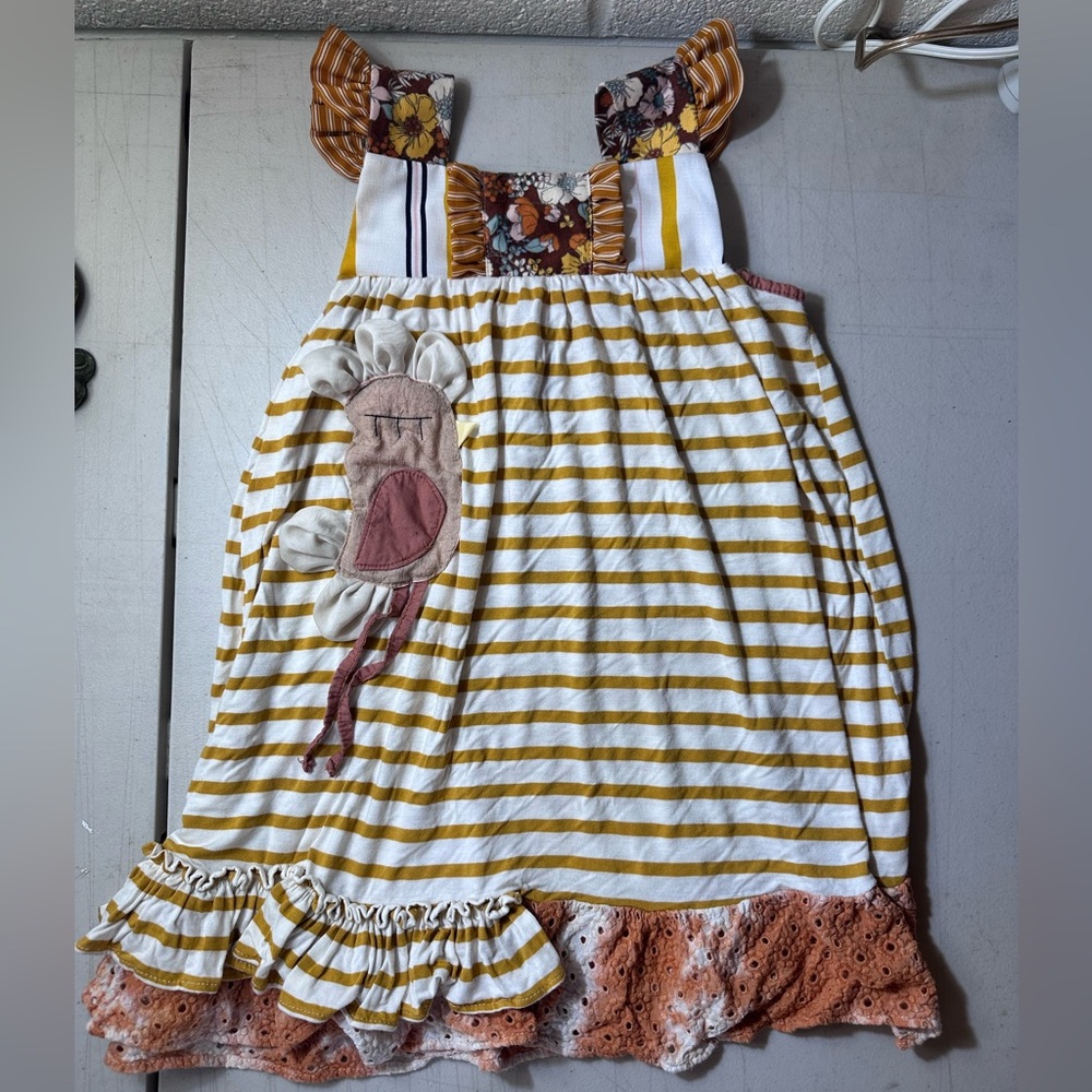 Amo Makaria Striped Yellow and White Dress with Floral Accents
